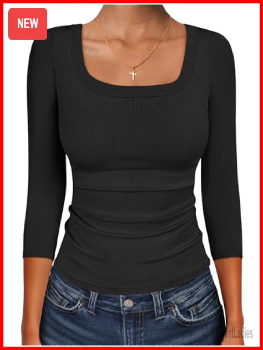 Women's 3/4 Sleeve Scoop Neck Fitted Ribbed Knit Tee Shirt Top